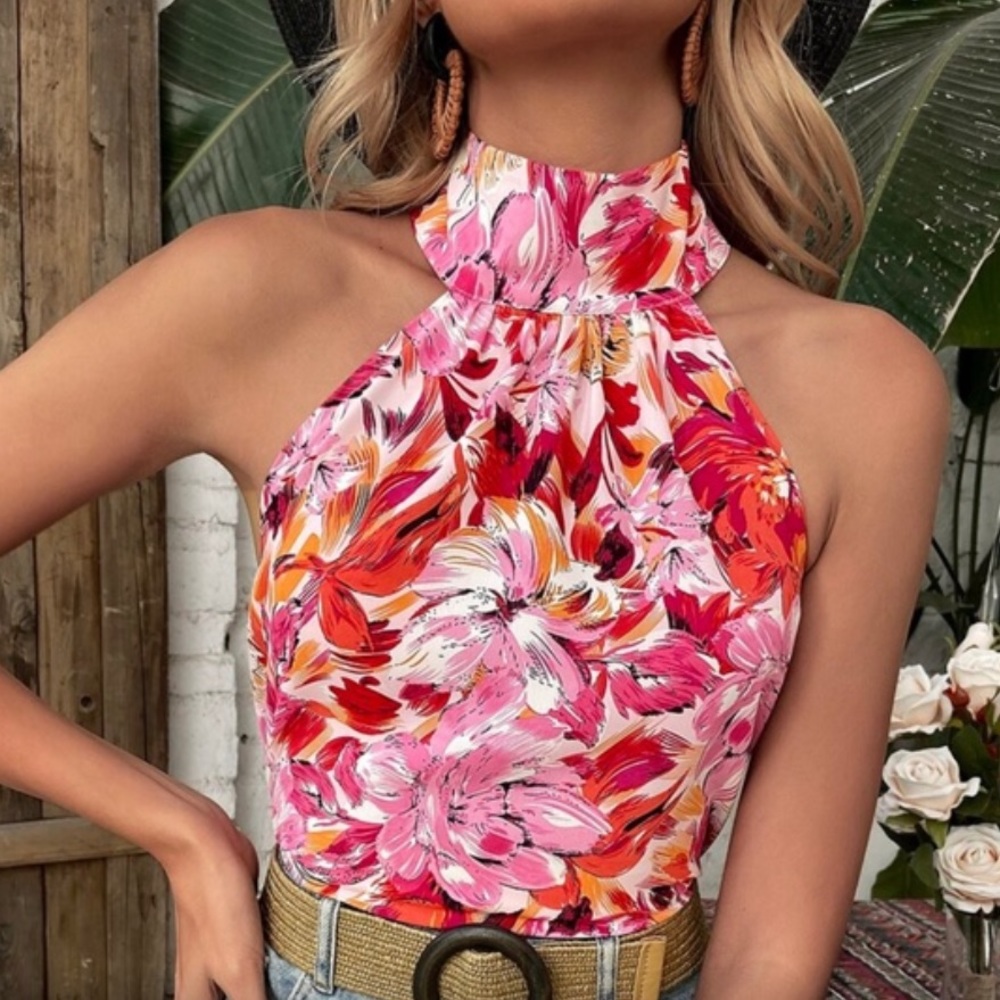 Boho Pink Floral Print Tropical Sleeveless Halter Top